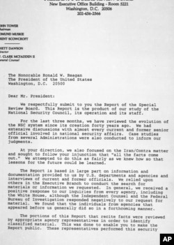 This is the first page of a cover letter to President Reagan from members of the President's Special Review Board concerning their report on the National Security Council, seen Feb. 26, 1987.