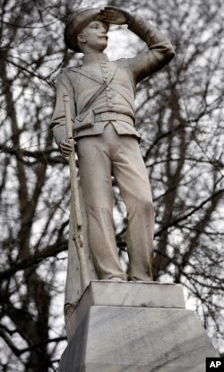 This Feb. 23, 2019, photo shows the Confederate soldier monument at the University of Mississippi in Oxford, Miss. Student government groups want the university's administrators to move the statue to a Confederate cemetery behind the Tad Smith Coliseum, also on campus.