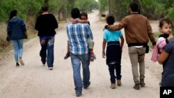 Yon gwoup fanmi migran mache nan zon Rio Grande a, ki se rivye ki separe Etazini ak Meksik nan eta Texas, 14 Mas, 2019.