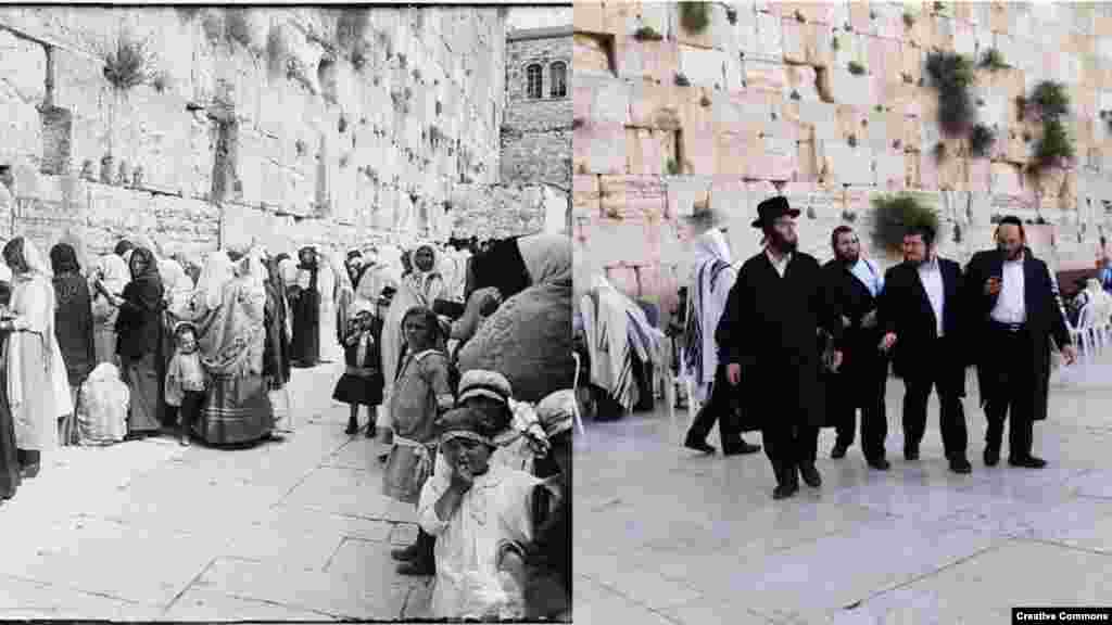 Jews praying at Western Wall, Jerusalem (L) ca. 1898-1946. Library of Congress (R) Creative Commons/Kapsuglan.