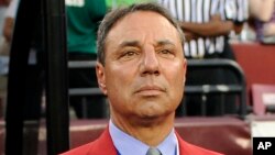 FILE - National Soccer Hall of Famer Tony DiCicco stands on the sidelines before an international friendly soccer match between Brazil and the United States, in Landover, Maryland, May 30, 2012. DiCicco, who coached the U.S. to the 1999 Women’s World Cup title, died late Monday at age 68.