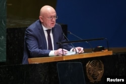 Russian Ambassador to the United Nations Vassily Nebenzia addresses the U.N. General Assembly during a meeting ahead of the second anniversary of the Russian invasion of Ukraine, at the U.N. headquarters in New York on Feb. 23, 2024.