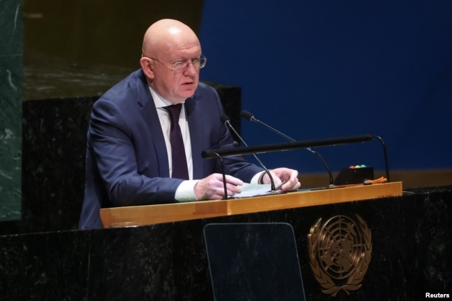Russian Ambassador to the United Nations Vassily Nebenzia addresses the U.N. General Assembly during a meeting ahead of the second anniversary of the Russian invasion of Ukraine, at the U.N. headquarters in New York on Feb. 23, 2024.