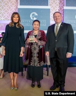 U.S. first lady Melania Trump, Sairagul Sauytbay and Secretary of State Mike Pompeo are pictured at the State Department, March 4, 2020. (State Department photo)