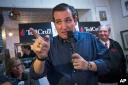 FILE - Sen. Ted Cruz, R-Texas speaks during a campaign stop at the Freedom Country Store, Jan. 19, 2016, in Freedom, New Hampshire.