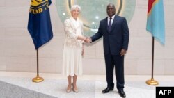 Mokambi ya Fonds monétaire international Christine Lagarde (G) na bokutani na président ya RDC Félix Antoine Tshilombo na ndako ya FMI na Washington, 5 avril 2019.