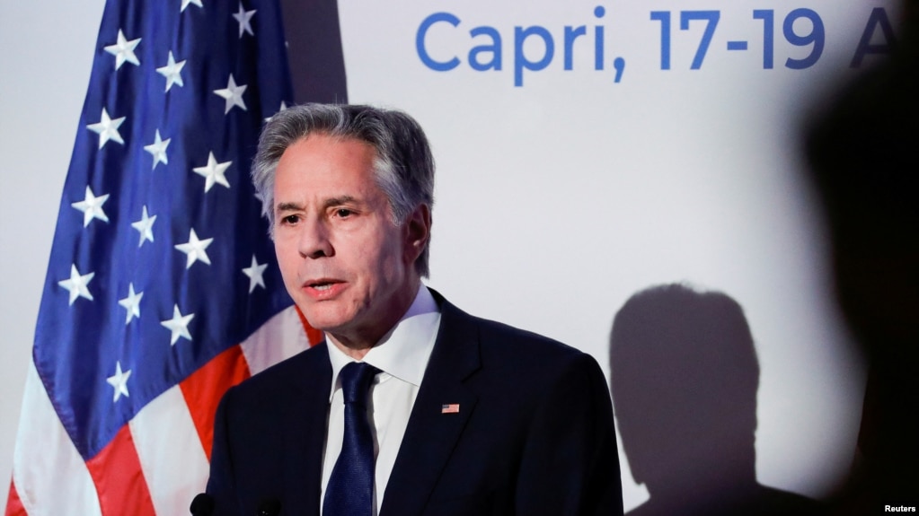 Ngoại trưởng Mỹ Antony Blinken phát biểu tại cuộc họp của các nhà ngoại giao hàng đầu của nhóm G7 trên đảo Capri của Ý hôm 19/4.
