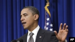 President Barack Obama makes a statement in the Eisenhower Executive Office Building, on the White House campus in Washington about his meeting today with Republican and Democratic Congressional leaders, 30 Nov 2010