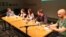 Učesnici tribine na festivalu Mirdita - Dobar dan: Idro Seferi (levo, moderator), Emel Ajdini, Jovana Prusina, Eraldin Fazliju, Bojan Elek, u beogradskom Centru za kulturnu dekontaminaciju, 31. maja 2018. (Foto: Glas Amerike)