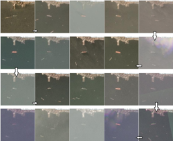 올해 1월부터 5월까지 북한 남포 해상 유류 하역시설에 정박한 대형 유조선들. (화살표 방향으로 시간 역순) 최근 3개월과 달리 대형 유조선들의 정박이 정기적으로 이뤄졌다는 사실을 알 수 있다. 사진 제공: Planet Labs