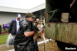 Volunteers load pets into a collector's vintage military truck to evacuate them from floodwaters from Hurricane Harvey in Dickinson, Texas, Aug. 27, 2017.