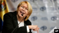 FILE - Venezuela's Chief Prosecutor Luisa Ortega gives a press conference in Caracas, Venezuela, July 4, 2017.