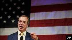 British politician Nigel Farage speaks at a rally for U.S. Senate hopeful Roy Moore, Sept. 25, 2017, in Fairhope, Alabama.