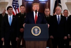 President Donald Trump addresses the nation from the White House on the ballistic missile strike that Iran launched against Iraqi air bases housing U.S. troops, Jan. 8, 2020.