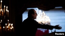 French President Francois Hollande delivers a speech during the annual Conference of Ambassadors at the Elysee Palace in Paris Aug. 28, 2014.