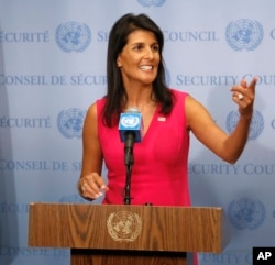 United States Ambassador to the United Nations Nikki Haley speaks to reporters at U.N. headquarters, Aug. 25, 2017.