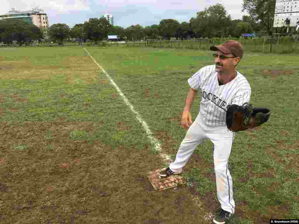 American Mick Amundson-Geisel is a guidance counselor at an international school in Yangon. He says he enjoys the camaraderie of playing baseball with other expatriates and Myanmar players.