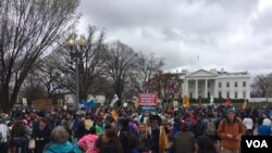 “Water protectors” rallied after their march outside the White House to speak out against the administration’s decision to continue construction of the Dakota Access Pipeline (E. Sarai/VOA News)