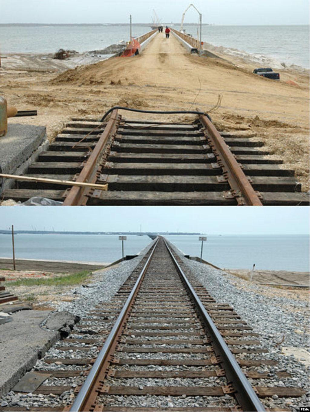 Jembatan rel kereta api yang melintasi Pantai St. Louis, Mississippi, sebelum (8 Desember 2005) dan sesudah diperbaiki (9 Agustus 2006) setelah hancur akibat Badai Katrina. (Mark Wolfe/FEMA)