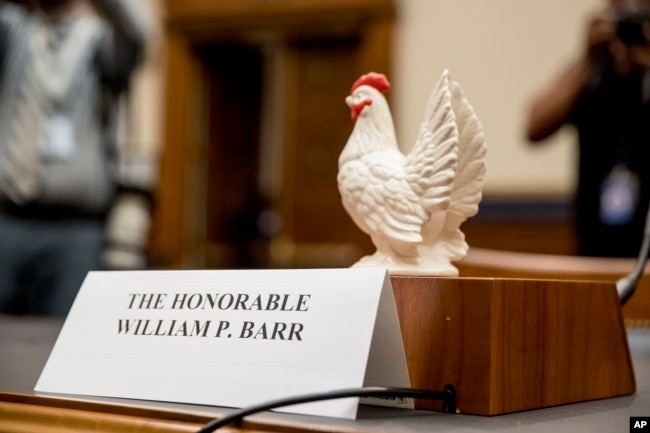 Rep. Steve Cohen, D-Tenn., placed a prop chicken on the witness desk for Attorney General William Barr after he does not appear before a House Judiciary Committee hearing on Capitol Hill in Washington, May 2, 2019.