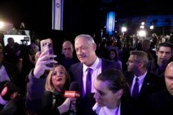 Blue and White party leader Benny Gantz arrives after exit polls for the Israeli elections at party's headquarters in Tel Aviv, March 2, 2020.
