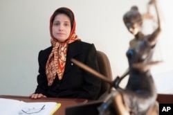 FILE - Iranian human rights lawyer Nasrin Sotoudeh, poses for a photograph in her office in Tehran, Nov. 1, 2008.