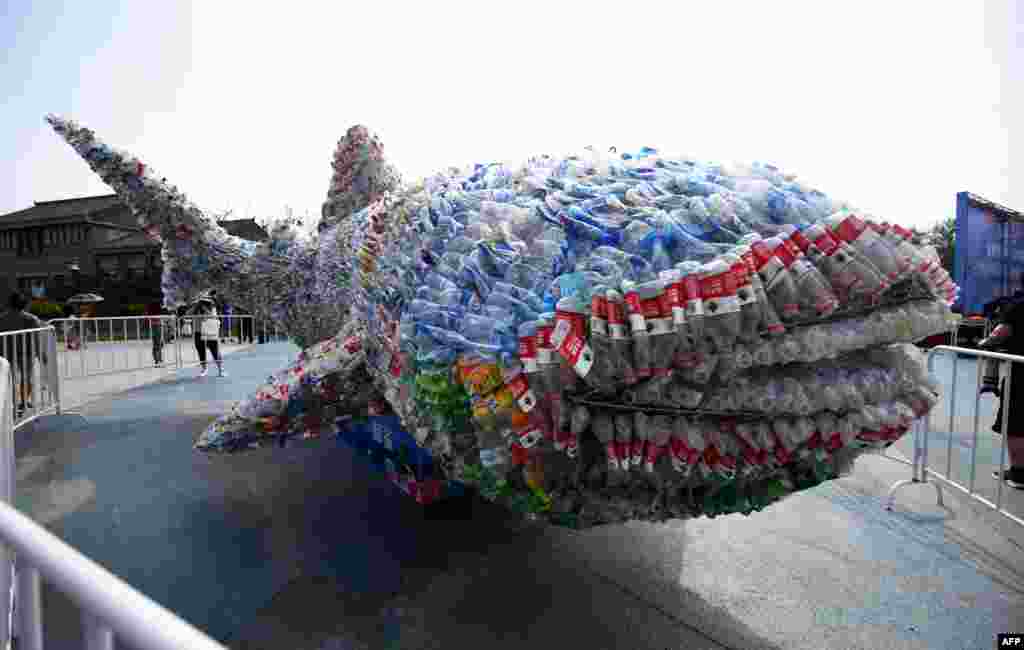 2018年7月21日，在中国山东省日照市的日照海洋公园，展示了由塑料瓶制成的鲸鲨模型。世界各地每年约有1200万吨塑料（主要是一次性包装）被倾倒入海洋，造成生态噩梦。