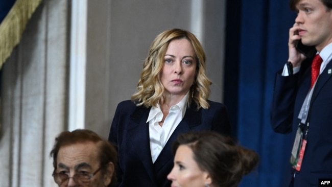 Prime Minister of Italy Giorgia Meloni arrives for the inauguration ceremony before Donald Trump is sworn in as the 47th U.S. President in the U.S. Capitol Rotunda in Washington, on Jan. 20, 2025.