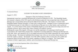 Saopštenje State Departmenta o sjednici Narodne skupštine Republike Srpske i odbacivanju izvještaja o Srebrenici, 15. august 2018. godine