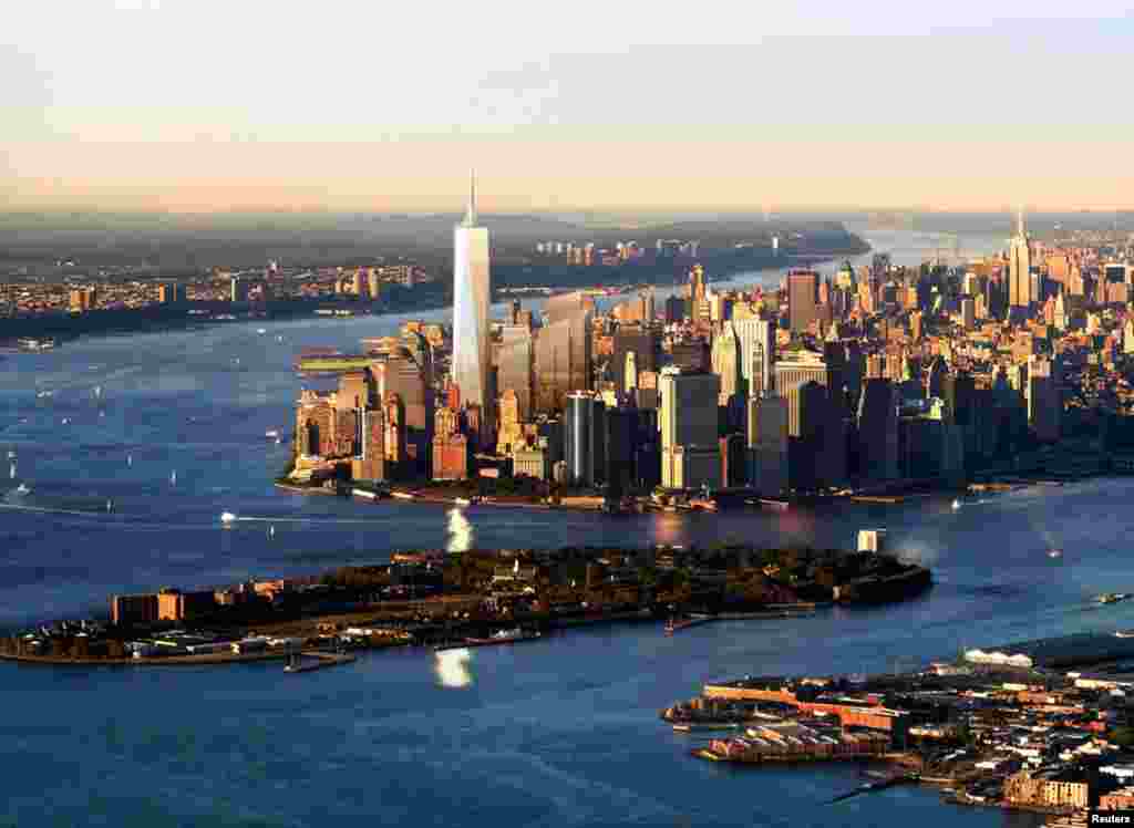 June 29, 2005: This artist rendering shows an aerial view from the New York Harbor of the proposed design for the Freedom Tower for the World Trade Center Site.