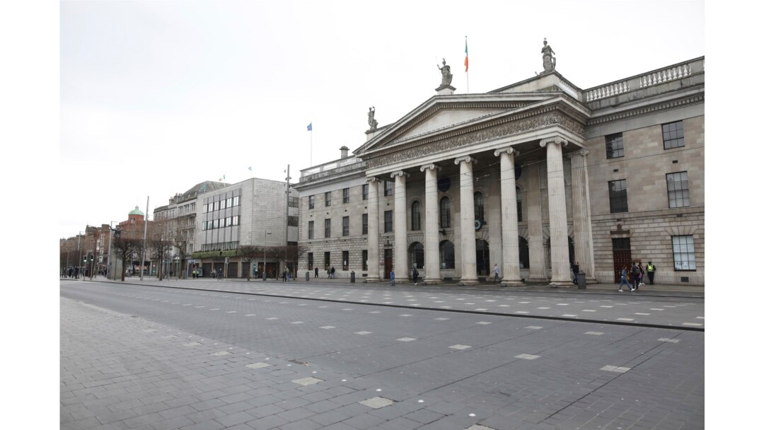 A deserted O'Connell street outside the GPO in Dublin city center, March 17, 2020. The St Patrick's Day parades across Ireland were cancelled due to the outbreak of COVID-19 virus.