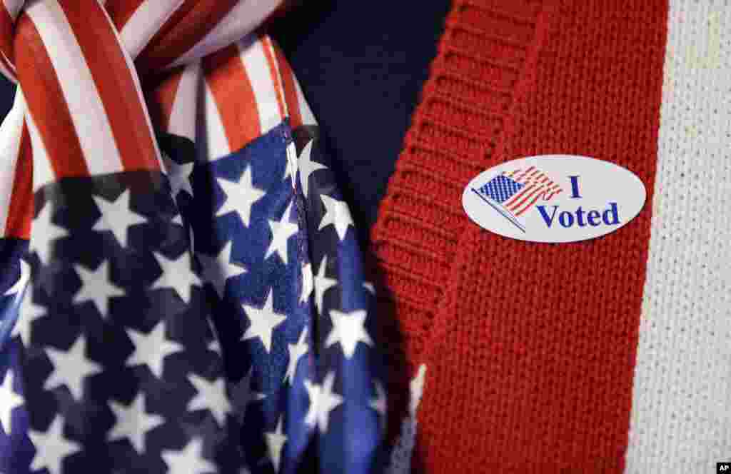 A voter wears a "I voted" sticker after voting in the Indiana Primary at the Hamilton Co. Auto Auction in Noblesville, Indiana, May 3, 2016.