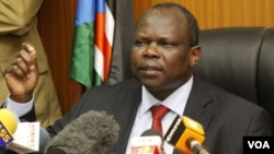 Secretary general of the Sudan People's Liberation Movement, and Chief Negotiator of southern Sudan Pagan Amum speaks during a press conference in Nairobi Kenya, FILE April 13, 2012.