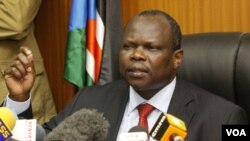 FILE - Secretary general of the Sudan People's Liberation Movement, Pagan Amum, speaks during a press conference in Nairobi, Kenya, April 13, 2012.