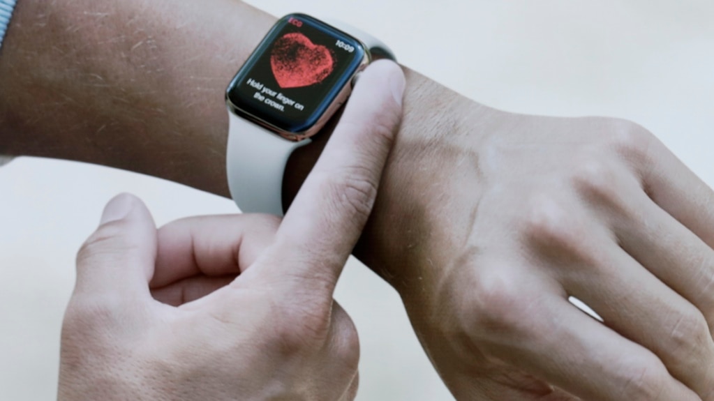 An image of the Apple Watch Series 4 is shown during a presentation at the Steve Jobs Theater during an event to announce new Apple products on Wednesday, Sept. 12, 2018, in Cupertino, Calif. (AP Photo/Marcio Jose Sanchez)