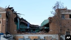 An interior section of the First Christian Church building in Mayfield, Ky., on Jan. 9, 2022, is exposed from structural damage caused by a tornado on Dec. 10, 2021.