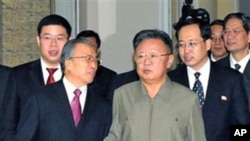 In this photo released by Korean Central News Agency via Korea News Service in Tokyo, North Korean leader Kim Jong Il, center right, and Chinese State Councilor Dai Bingguo, center left, walk together in Pyongyang, 9 Dec. 2010