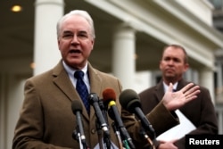 U.S. Secretary of Health and Human Services (HHS) Tom Price, left, and Office of Management and Budget (OMB) Director Mick Mulvaney speak to reporters after the Congressional Budget Office released its score on proposed Republican health care legislation at the White House in Washington, March 13, 2017.
