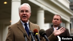 U.S. Secretary of Health and Human Services (HHS) Tom Price, left, and Office of Management and Budget (OMB) Director Mick Mulvaney speak to reporters after the Congressional Budget Office released its score on proposed Republican health care legislation.