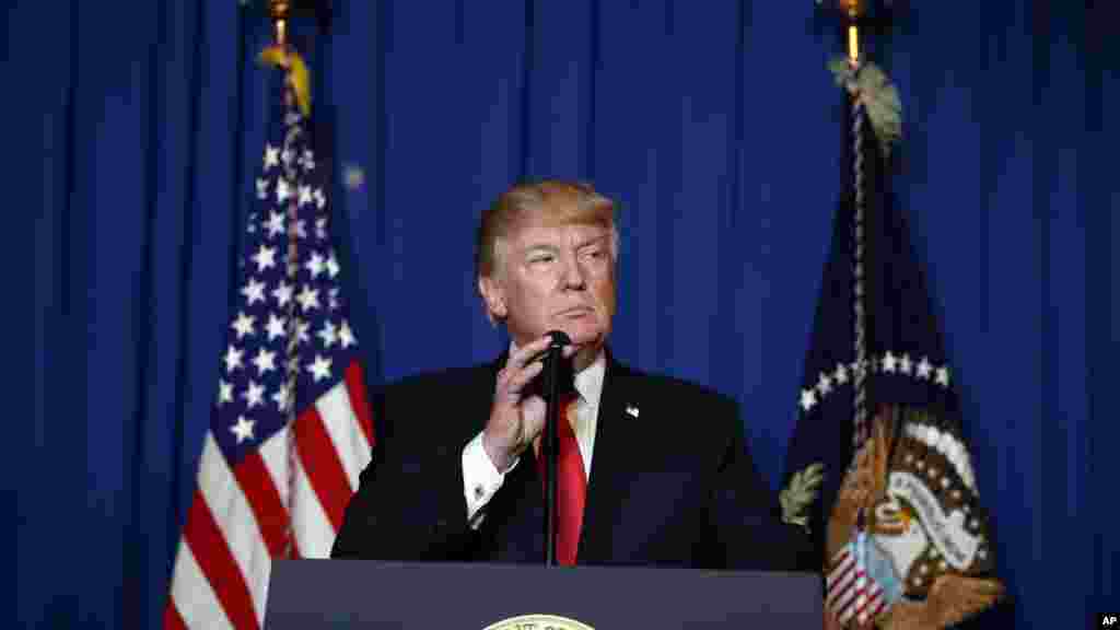 President Donald Trump speaks after the U.S. fired a barrage of cruise missiles into Syria Thursday night in retaliation for this week's gruesome chemical weapons attack against civilians, at Mar-a-Lago in Palm Beach, Fla., April 6, 2017.