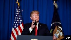 President Donald Trump speaks after the U.S. fired a barrage of cruise missiles into Syria Thursday night in retaliation for this week's gruesome chemical weapons attack against civilians, at Mar-a-Lago in Palm Beach, Fla., April 6, 2017.