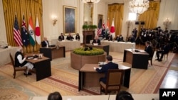 拜登總統在白宮主辦有印度總理莫迪、澳大利亞總理莫里森和日本首相菅義偉參加的“四方”領導人峰會。 (2021年9月24日)