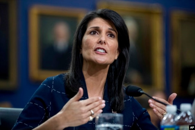 FILE - U.S. Ambassador to the U.N. Nikki Haley testifies on Capitol Hill in Washington, June 27, 2017.