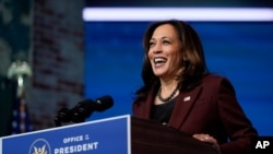 FILE - Vice President-elect Kamala Harris speaks at The Queen theater, in Wilmington, Delaware, Nov. 24, 2020.