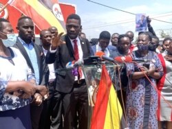 National Unity Platform party president Robert Kyagulanyi, aka Bobi Wine, addressed the media before submitting a violations petition to the U.N. Human Rights office, in Kampala, Uganda, Feb. 17, 2021. (Halima Athumani/VOA)