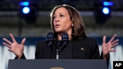 Democratic presidential nominee Vice President Kamala Harris speaks during a campaign event at the Oakland Expo Center in Oakland County, Mich., Oct. 18, 2024.