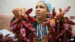 Chahida Boufaied, owner of Dar Chahida Lel Oula, prepares the Harissa in her house in Nabeul, Tunisia, Jan. 7, 2025.