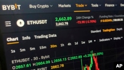 A price chart on the Bybit website for the cryptocurrency Ethereum is seen on a computer screen in New York, Feb. 21, 2025.