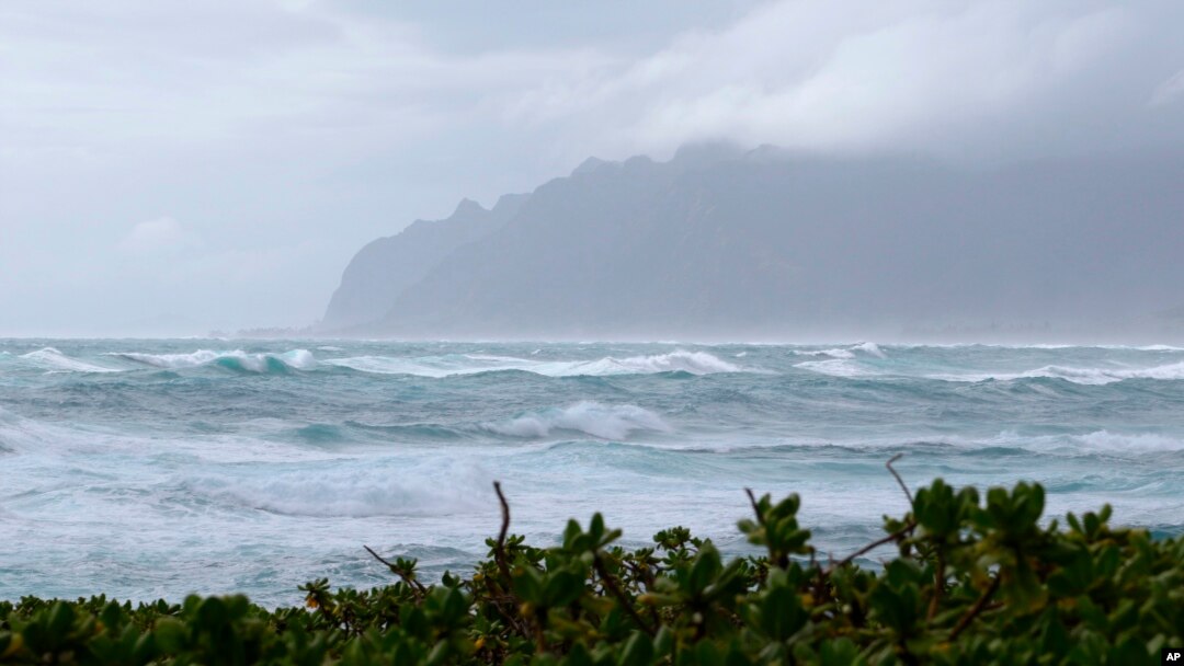 Waves break as Tropical Storm Olivia approaches Oahu, Sept. 12, 2018 in Laie, Hawaii. 
