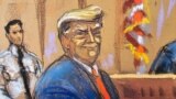 El expresidente de EEUU Donald Trump gesticula durante la primera jornada de su juicio por falsedad documental en Nueva York, el 15 de abril de 2024.
